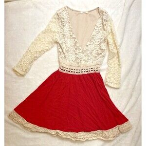 Sarah La | Womens Size S Rayon Red Ivory Lace Cocktail Dress Deep V Neck
